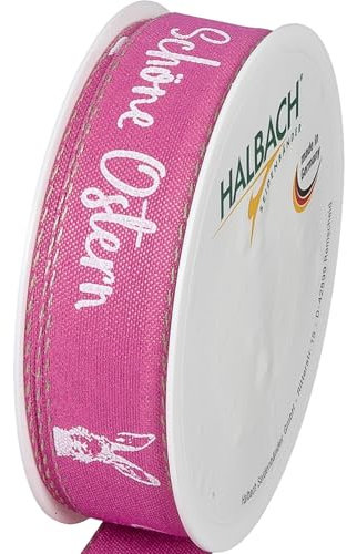 Halbach Seidenbänder Druckband Ostern | 25mm x 18m | Dekoband für Ostern Schriftzug Schöne Ostern | Schleifenband Leinen für Ostergeschenke | Farbe: pink/weiß