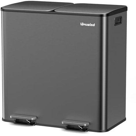 Lovewind Mülleimer, 2 x 40L Mülleimer Küche, Doppeleimer für Recycling und Abfall, Schwarz, Mülleimer aus Edelstahl mit Deckel und Inneneimern, Großes Fassungsvermögen, Deckel mit Soft-Close-Funktion