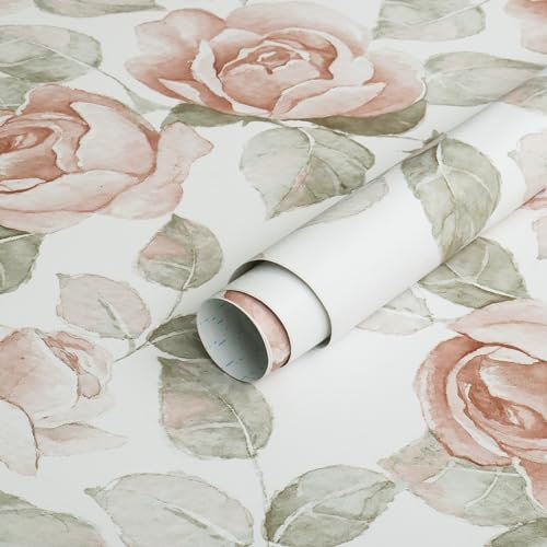 Fiula 41CMx10M Selbstklebende Tapete Rosen Blumentapete Rosa Weiß Klebefolie Möbelfolie Tapeten Blumig Blumen Wandtapete Wasserdicht Klebetapete für Schlafzimmer Wohnzimmer Dekorfolie Wallpaper Pink