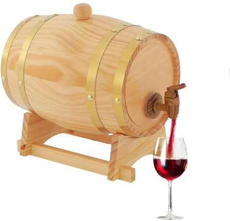 Barril de roble vintage de 3 litros, con soporte de madera, grifo y tapa y caballete de madera, color rojo