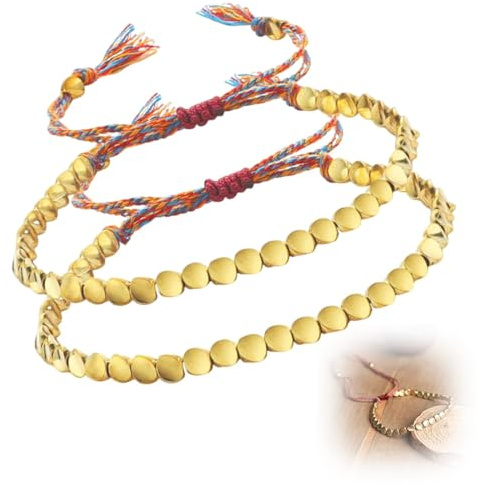 OUDQFCJ 2 Stück tibetische Kupferperlen-Armbänder, geflochten, dreiseitiger Perlenstil, verstellbar, handgefertigt, Kupferperlen und Faden 16-26 cm buntes