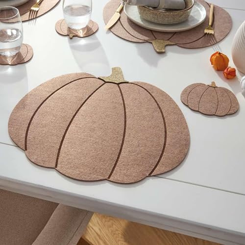 Dekoleidenschaft 8 TLG. Tischset Kürbis Platzsets aus Filz, beige, 4 Platzdeckchen + 4 Untersetzer, Herbst Halloween Deko, Tischdeko