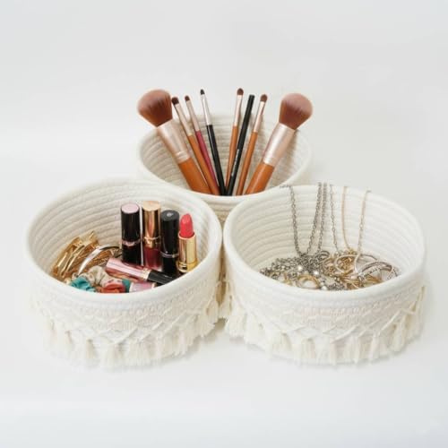 danpinera 3 Set Aufbewahrungskorb Geflochten, Körbchen aus 100% Baumwolle, Boho Decor，Faltbare, Stapelbare Körbefür Wohnzimmer, Kinderzimmer, Badezimmer