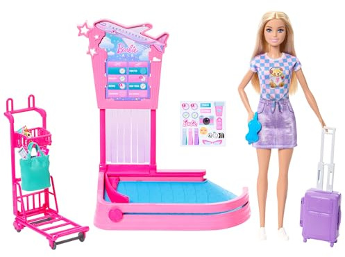 Barbie Malibu Famille & Amis Aventure sans limites Poupée Blonde | avec récupération des bagages, valise, chariot à bagages, tapis roulant et bagage cabine, JMJ49