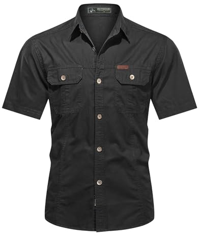 Misfuso Chemises Homme Manches Courtes Randonnée Cowboy Extérieur | Coton Col Classique Tenue Tactique Usage Extérieur Travail Look Safari Uni et Décontracté