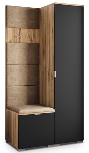 Masseno Flugarderoben Set Lori, Kleiderschrank-Set mit Sitzbank, Garderobenschrank Flur mit 3 Regalböden, Eiche Wotan/Schwarz