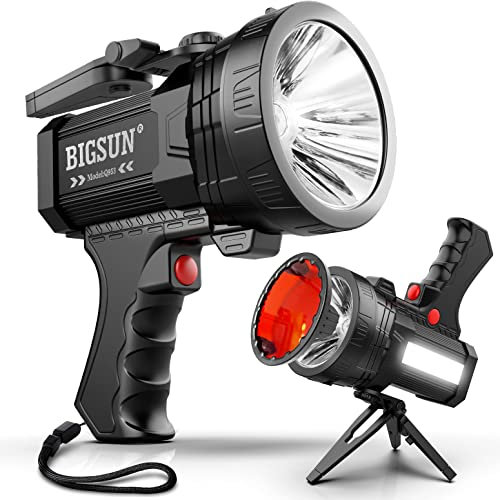 BIGSUN Faretto ricaricabile, ad alta luminosità, 1000.000 LED, torcia con proiettore multiuso, batteria integrata da 10800 mAh, faretto portatile per esterni, per fattoria, caccia, campeggio, auto,