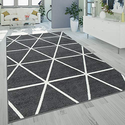 Paco Home Teppich Wohnzimmer Kurzflor Skandinavischer Stil Rauten Muster Modern Grau Anthrazit, Grösse:200x280 cm