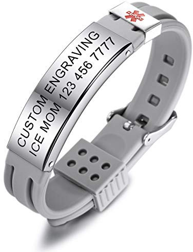 MOWOM Medical Braccialetto Personalizzato con Incisione in Silicone identificativo Regolabile per Uomo Donna Bambini in Acciaio Inossidabile Gomma- (Grigio *Personalizza Ora*)