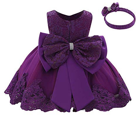 FYMNSI, abito da bambina per festa di compleanno, matrimonio, damigella d'onore, battesimo, con fiocco, pizzo e fascia, stile principessa, Lilla, 12-18 Mesi