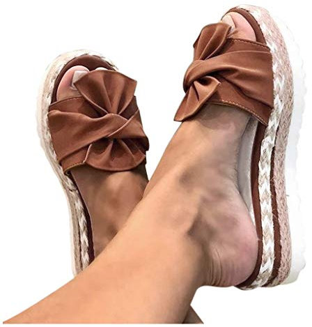Sandales Plates Femme Bout Ouvert Pantoufles Slip-on Été Claquettes Nu Pieds Semelle Compensée Confortable Chaussures Antidérapant de Plage Wedges Platform Slipper Bohemia Beach Sandals (Marron, 38)