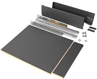 Emuca - Kit système tiroir cuisine et salle de bain avec panneaux incluses et coulisses à sortie totale avec fermeture amortie, hauteur 93 mm pour module 450 mm et profondeur 500 mm, gris anthracite