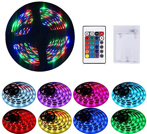 Battery Powered Led Strip Lights with Remote, Self-Adhesive, Cuttable, Waterproof, 6.56FT 60Led RGB Strip Lights for TV Kitchen Cupboard Bedroom Decor