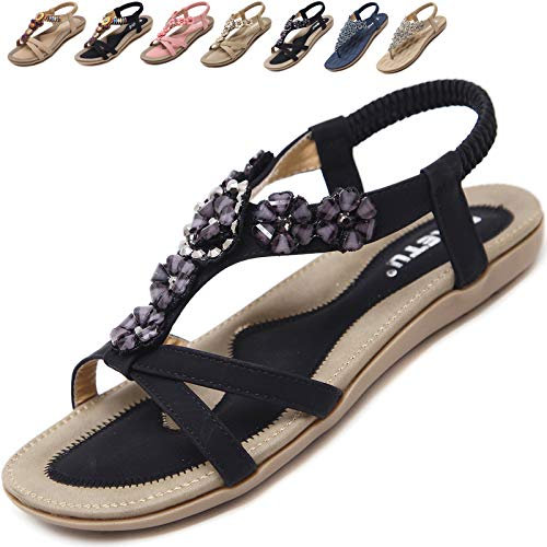 Acfoda Sandales Femme Été Confortable Plats Nu Pieds Cuir Tong de Plage Mode Claquettes Bout Ouvert avec Strass Noir 43 = FabricantTaille 44
