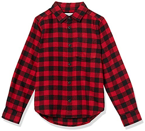 Amazon Essentials Boys' Flannel Button-Down Shirt, Red Buffalo Check, 10 Years