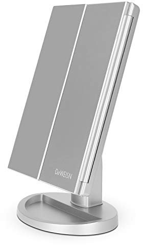 deweisn Tri-Fold Lighted Vanity Mirror with 21 LED Lights, Touch Screen and 3X/2X/1X Magnification Mirror, Two power Supply Mode Tabletop Makeup mirror,Travel Cosmetic Mirror(Gold) (Silver)