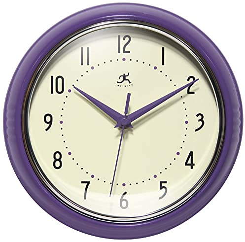 Infinity Instruments LTD. Retro 22,9 cm Silent Sweep Nicht tickend Mitte Jahrhundert Moderne Küche Diner Wanduhr Quarzwerk Retro Wanduhr Dekorative (lila)