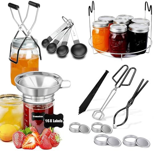 HOMMES Canning Supplies Starter Kit For Mason Jars - Pot, Funnel, Lifter, Wrench, Tongs, Lid Lifter & Bubble Remover