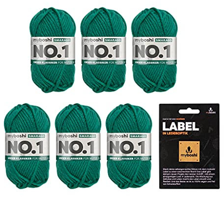 myboshi No.1 Wolle zum Häkeln und Stricken, Schnellstrickgarn, langlebige Mützenwolle, Strickwolle, Häkelwolle, mulesing-frei, Ll. 55m /50g, 30% Wolle (Merinowolle) Grün (Smaragd) 6 Knäuel