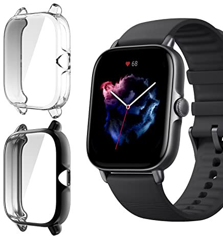 ToVioc Funda Compatible con Amazfit GTS 3 Protectora Todo Incluido, [2 Piezas] [Flexible TPU] [Anti-Rasguños] Cáscara Protectora para Amazfit GTS 3 - Negro & Transparente