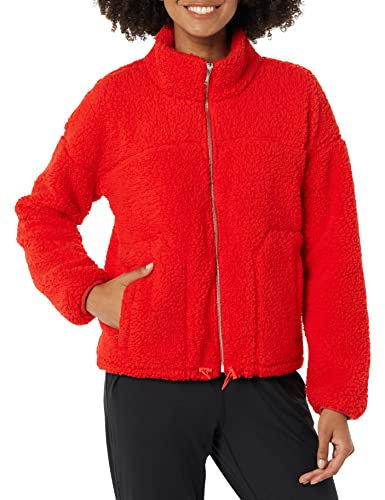 Amazon Essentials Giacca in Pile Effetto Sherpa con Zip e Collo Alto Donna, Rosso Papavero, S