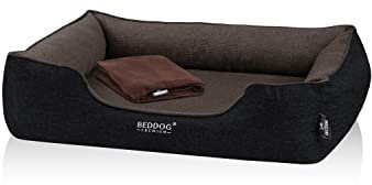 BedDog Premium Orthopädisches Hundebett Clara, Hundekissen mit abnehmbaren Bezug, Kuschel-Decke Zugabe - Mocca (braun/schwarz)