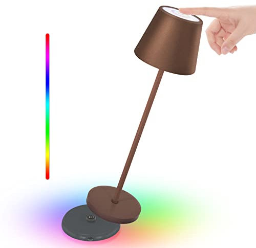 uuffoo Kabellose LED Tischlampe, Touch Dimmbare LED-Tischleuchte 4000K aus Aluminium, Wiederaufladbar 5000mAh mit Kontaktladestation 18W, Schutzart IP54 Verwendung im Innen/Aussen H38cm (A,Braun)