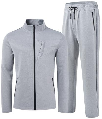 AjezMax Herren Jogginganzug Trainingsanzug Sportbekleidung Fußball Wandern Laufen Sporthose Jacke Hose für Gym Warm Tracksuit mit voll Reißverschluss XXL Hellgrau