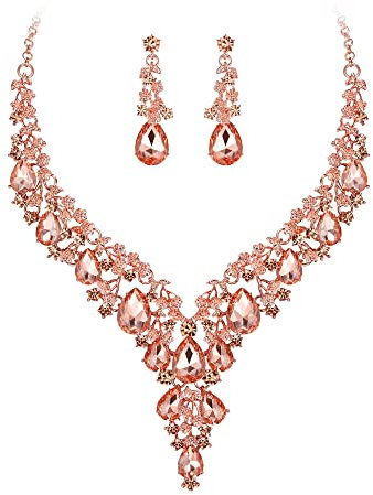 Clearine Wedding Bridal Jewellery Set Teardrop Rhinestone Cluster Statement Necklace Costume Dangle Earrings for Women Peach Rose-Gold-Tone