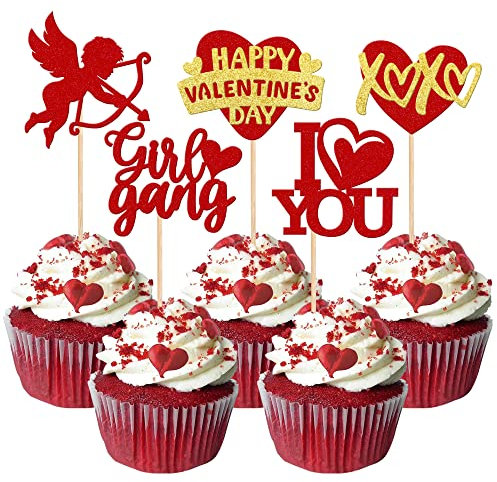 Xsstarmi 30 Pack Happy Valentine's Day Cupcake Toppers Glitter Cupid Girl Gang I Love You Cupcake Picks for Valentine's Day Theme Wedding Engagement Party Cake Decorations Supplies Red