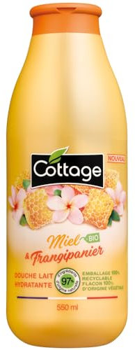 Cottage - Gel douche Lait 550ml 97% d'ingrédients d'origine naturelle, Miel BIO et Frangipanier - Fabriqué en France.