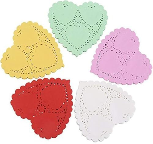 JOFONY 200 Stücke Herzförmige Papierdeckchen, Farbige Spitzenpapier Tortenspitze für Kuchen, Tassenuntersetzer und Geschirrdekoration 10CM