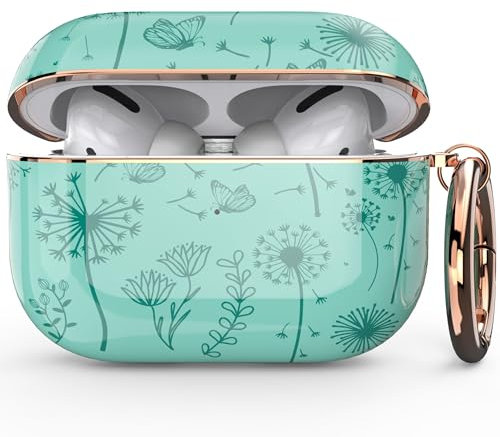 wenew Case Cover kompatibel mit Apple Airpods Pro, Hard Case Cover mit süßen Mustern und Schlüsselanhänger für Mädchen, Kinder, Frauen, Männer (Grüner Löwenzahn)