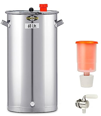 Speidel Gärbehälter Edelstahl 350 mm D, 60 Liter inklusive V2A Ablasshahn und Gärspund, Universalfass Edelstahl für Lagerung, Transport und Vergären von Most, Wein, Saft