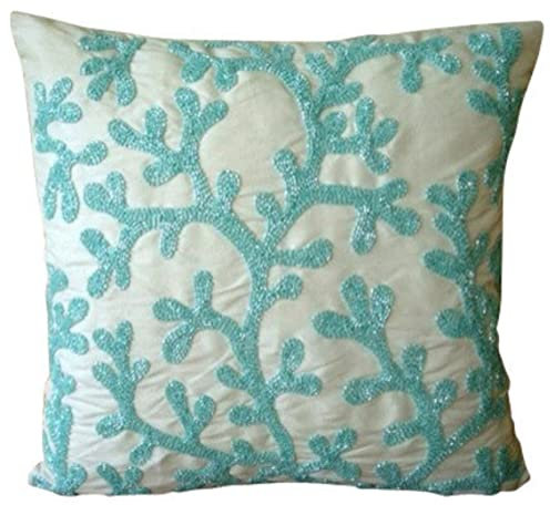 The HomeCentric Wasserblau Werfen Kissen Decken, Sea Weeds Beach and Ocean Theme Kissen Decken, 2 Stück, 40x40 cm Kissenbezug, Platz Seide Kissenbezuge, Blumen Mittelmeer Kissen Decken - Sea Weeds