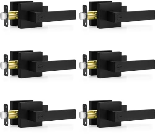 Plustool 6 Pack Matte Black Door Handles Interior, Keyless Interior Door Knobs, Privacy Door Locks for Bedroom Bathroom, Heavy Duty Square Door Lever Locksets, Reversible for Left&Right Handled Doors