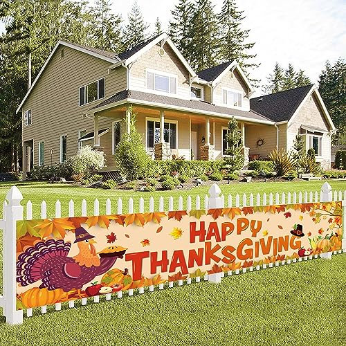 Großes Happy Thanksgiving Banner Outdoor – Thanksgiving Dekorationen Herbst Truthahn Ahornblätter Kürbis Banner Happy Thanksgiving Yard Zaun Schild Banner Thanksgiving Party Supplies 254 x 50,8 cm