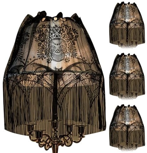 Lampenschirme, Halloween Lampen Schatten Cover 4pcs schwarzer Fledermaus Schädel Halloween Light Covers mit Quasten Spitzenlampenschatten Toper Fenstertür Mantel Schal für Halloween Party Dekor