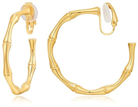 WOWORAMA Goldene Bambus Creolen zum Anklipsen für Damen 40 mm große Ohrclips ohne Ohrloch 40 mm Bambus Creolen