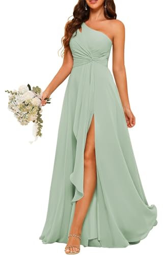 HPPEE Robe de demoiselle d'honneur asymétrique en mousseline de soie avec longue robe plissée pour femme WYX476, vert sauge, 50 plus