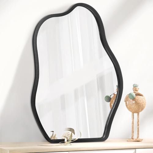 Black Wooden Framed Wall Mirror Irregular Asymmetrical Modern Black Cloud Hanging Artistic Mirrors Decor for Bathroom Vanity Bedroom Living Room Entryway Hallway Small 16x12