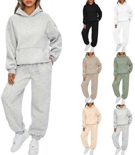 Earnmore Damen Hausanzug mit Kapuze 2 Teile, Damen Jogginganzug Set Sweatshirt mit Hose Elegant Freizeitanzug,Sport Hosenanzug Langarm Hoodie Hausanzug (Hellgrau,S)