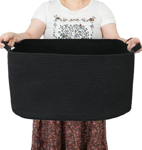 XUANGUO Großer rechteckiger Deckenkorb, Wohnzimmer, 55,9 x 43,2 x 30,5 cm, gewebtes Baumwollseil, Aufbewahrungskorb für Kinderzimmer, Spielzeugkorb für Kinder und Hunde, Weidenkorb, Wäschekorb für