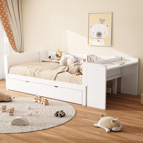 Lexiou 90X200cm, Flachbett, mit ausziehbarem Bett, mit Schreibtisch, DREI Regale an der Seite des Bettes (Weiß)
