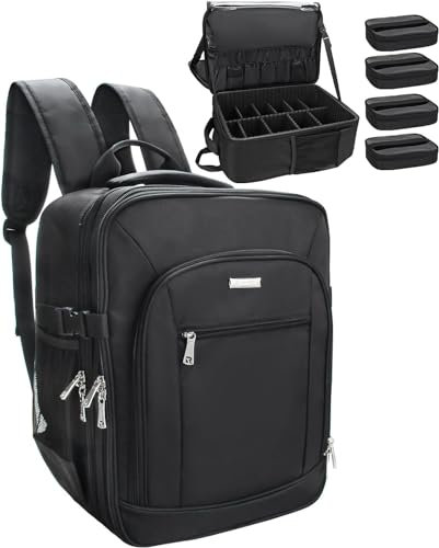 Travel Makeup Backpack with 4 Small Bag, Professional Large Cosmetic Train Case for Makeup Artist, Cosmetic Storage Organiser with Detachable Dividers for Trip - Black