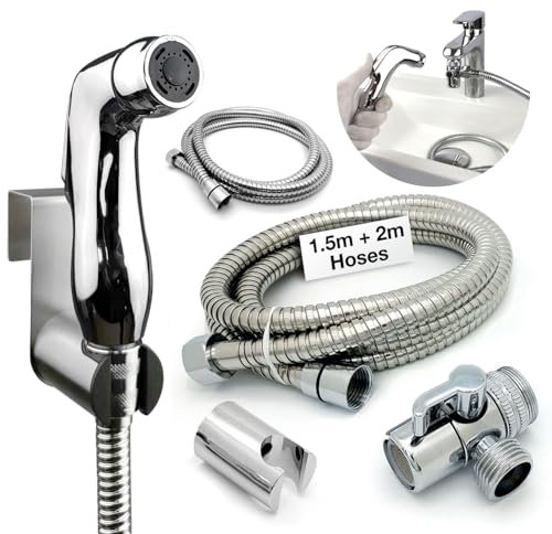 Xcel Home Brass Portable Bidet for Toilet UK, Muslim Shattaf Tap Diverter, Douche Bidet Spray Kit for Hygiene, شطاف حمام 2 Spray Holders (Wall Mount & Toilet Hook), 2 Hoses (1.5 & 2m)