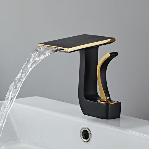 MocArt 7014 Wasserfall Wasserhahn, Wassersparender Bad Mischhahn, Warm und Kaltbad Wasserhahn, Komplett aus Kupfer Gegossener Körper, Wasserzulaufschlauch aus Edelstahl (Schwarzes Gold)