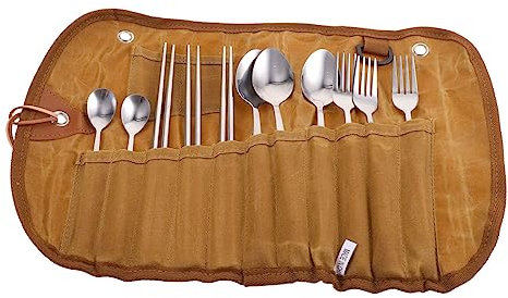 Campingbesteck Satz 1 Satz mit Rolltasche, Edelstahl und Canvas