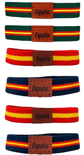 PROUTHS Pulsera España, Pulsera con la Bandera de España para hombre, PACK 6Unds, Pulsera de Tela Elástica para Hombre y Mujer, Pulsera Elástica con Trozo de Cuero (ESP2) (ESP5)
