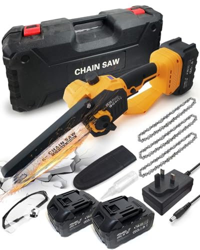Mini Chainsaw Cordless 6 inch, LED Battery Display, 8000mAh Battery Brushless Motor Electric Chainsaw with Hand Protection, Lubrication System with 3 Chains, Security Lock, for Garden Tree Trimming